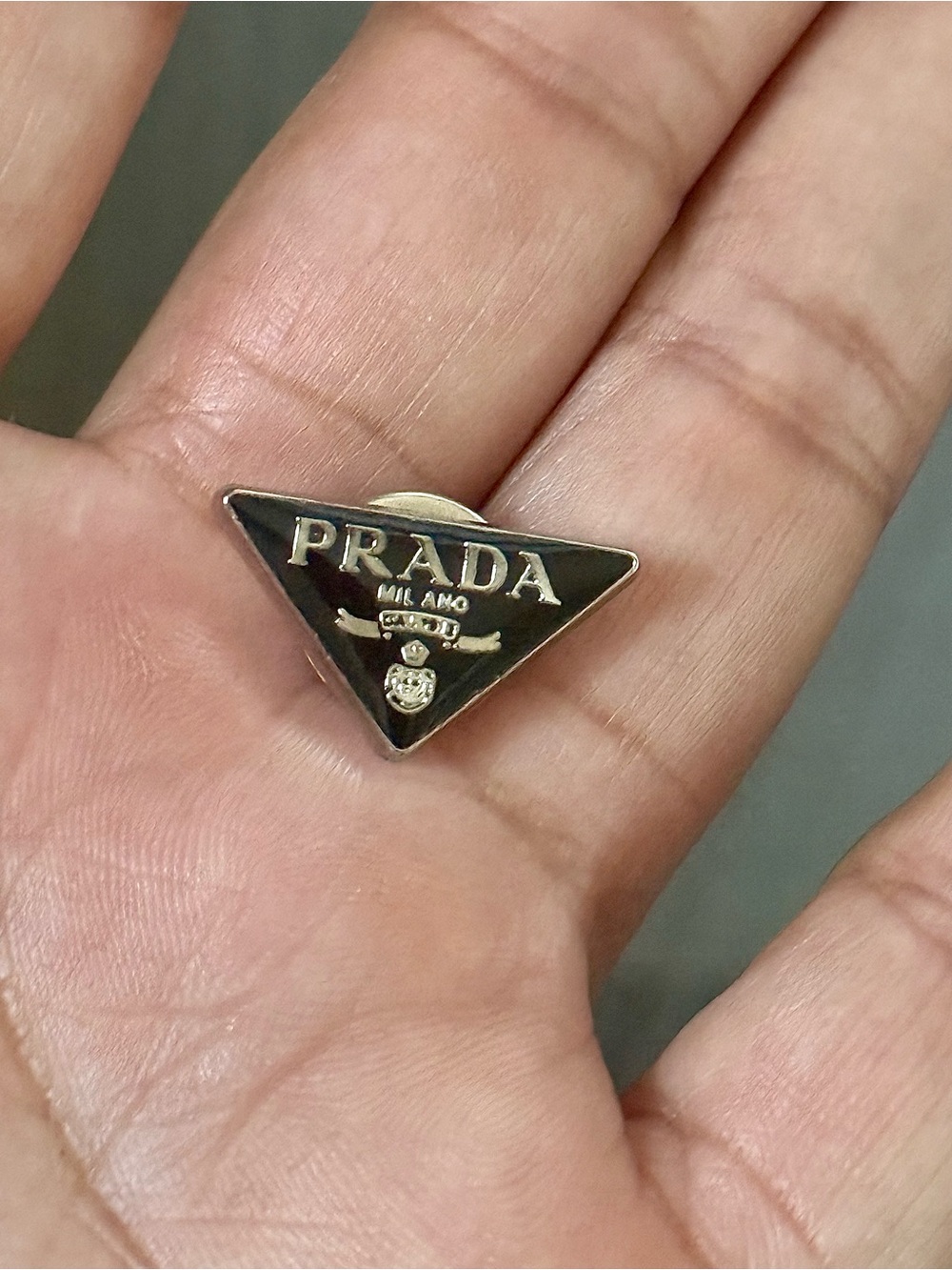 Prada Black and Silver Triangle Logo Pin/Brooch